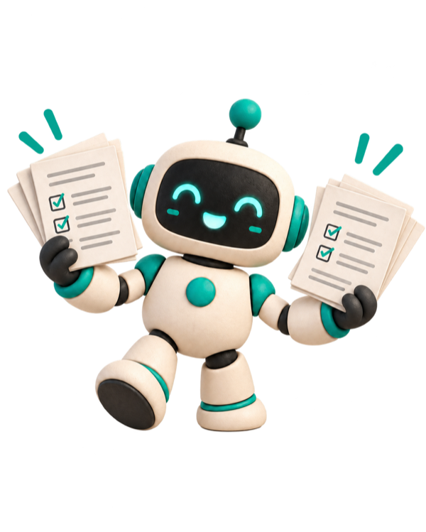 A cheerful robot holding documents in both hands